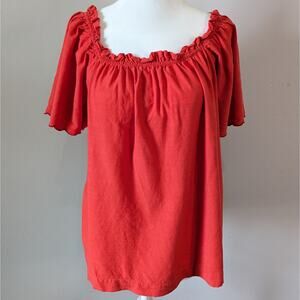 LC Lauren Conrad Red-Orange Peasant Top Size Small Ruffled Neck Flutter Sleeves